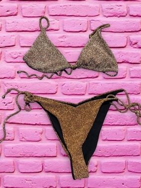 South Beach Sparkle Gold Tie-Side Bikini Set - Women Swim